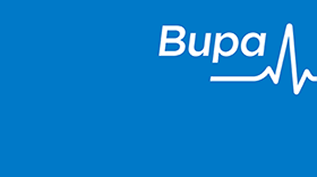 Bupa logo on a blue background with a white heart rate line next to the company name.