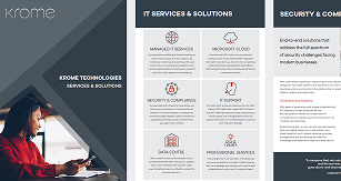 A brochure for Krome Technologies listing IT services and solutions, security and compliance, with an image of a woman using a laptop on the left-hand side.
