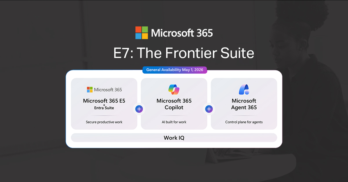 Microsoft E7: The Frontier Suite, featuring Microsoft 365 E5 Extra Suite, Microsoft 365 Copilot, and Microsoft Agent 365—explore the future of productivity with enhanced E7 licensing. Available 1 May 2026. Discover E7 vs E5 today!.