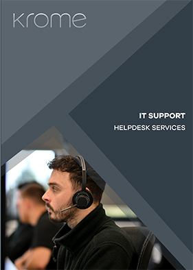 A man wearing a headset works at a computer in an office. The text reads "Krome. IT SUPPORT HELP DESK SERVICES — Microsoft Support Services Partner" on a dark geometric background.