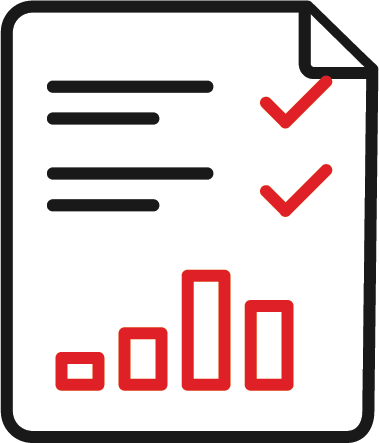 A document icon with two red tick marks, black horizontal lines representing text, and a red bar chart at the bottom.