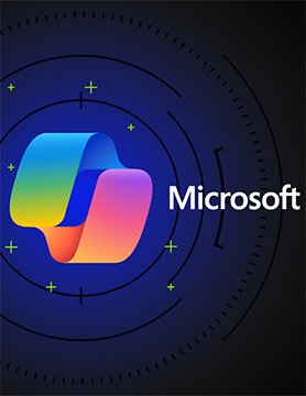 A colourful, abstract Microsoft logo appears next to the word "Microsoft" and a subtle reference to Microsoft Copilot on a dark background with circular digital patterns and green plus signs.