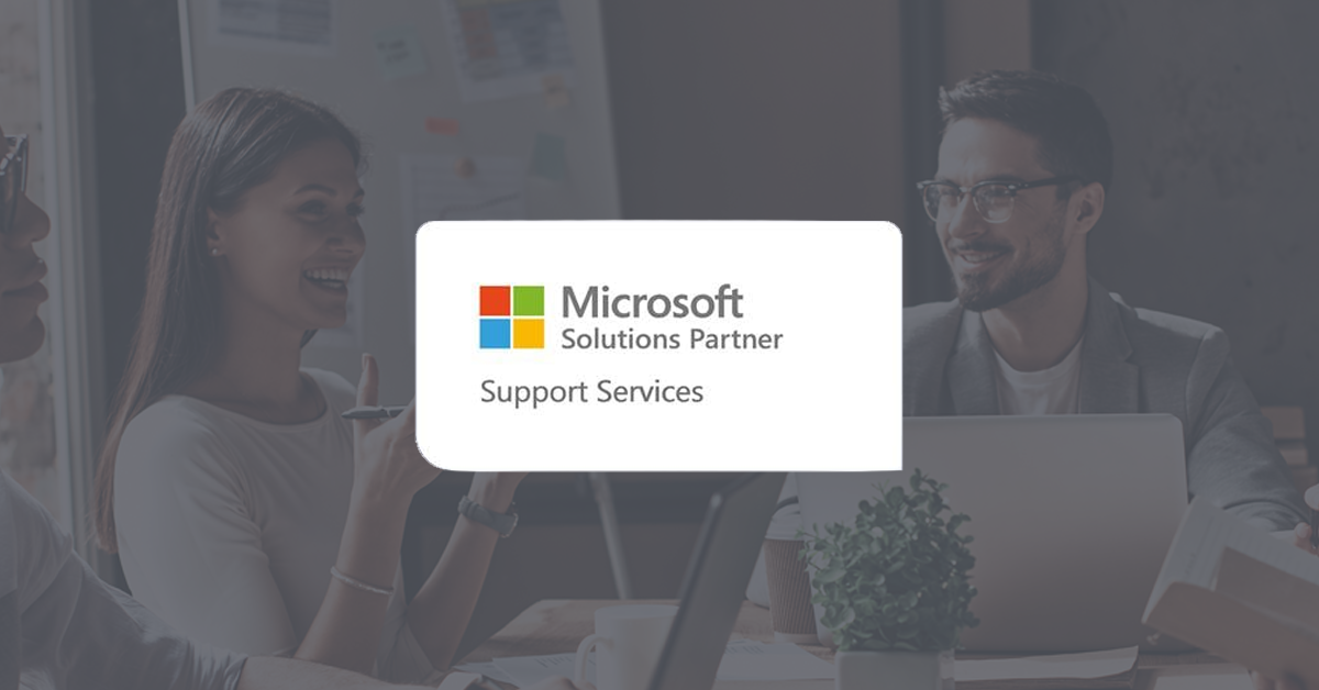 People in a business meeting with a central overlay displaying the Microsoft Solutions Partner logo and the text "Support Services," highlighting their role as a trusted Microsoft Support Services Partner.