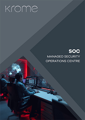 Office with people working at computer monitors, with the text "Krome SOC Managed Security Operations Centre" on a geometric background, highlighting security and cyber resilience.