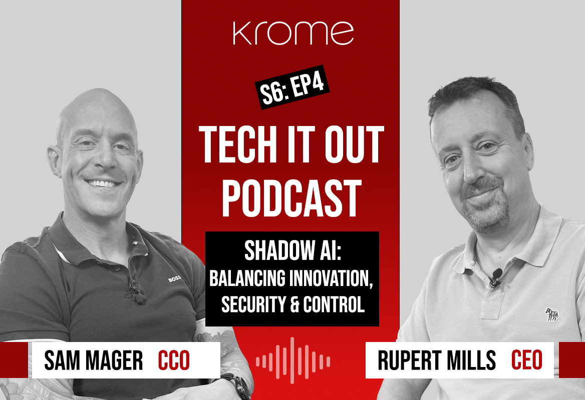 Two men seated and smiling, with text promoting the “Tech It Out Podcast” episode about shadow AI, innovation, security, and the importance of Control AI in managing AI risk and responsible AI usage, featuring Sam Mager (CCO) and Rupert Mills (CEO).