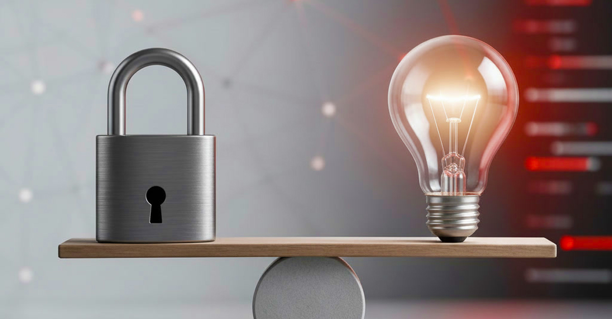 A padlock and a lit light bulb are balanced on opposite ends of a wooden plank, symbolising the harmony between Security by Design and innovation.